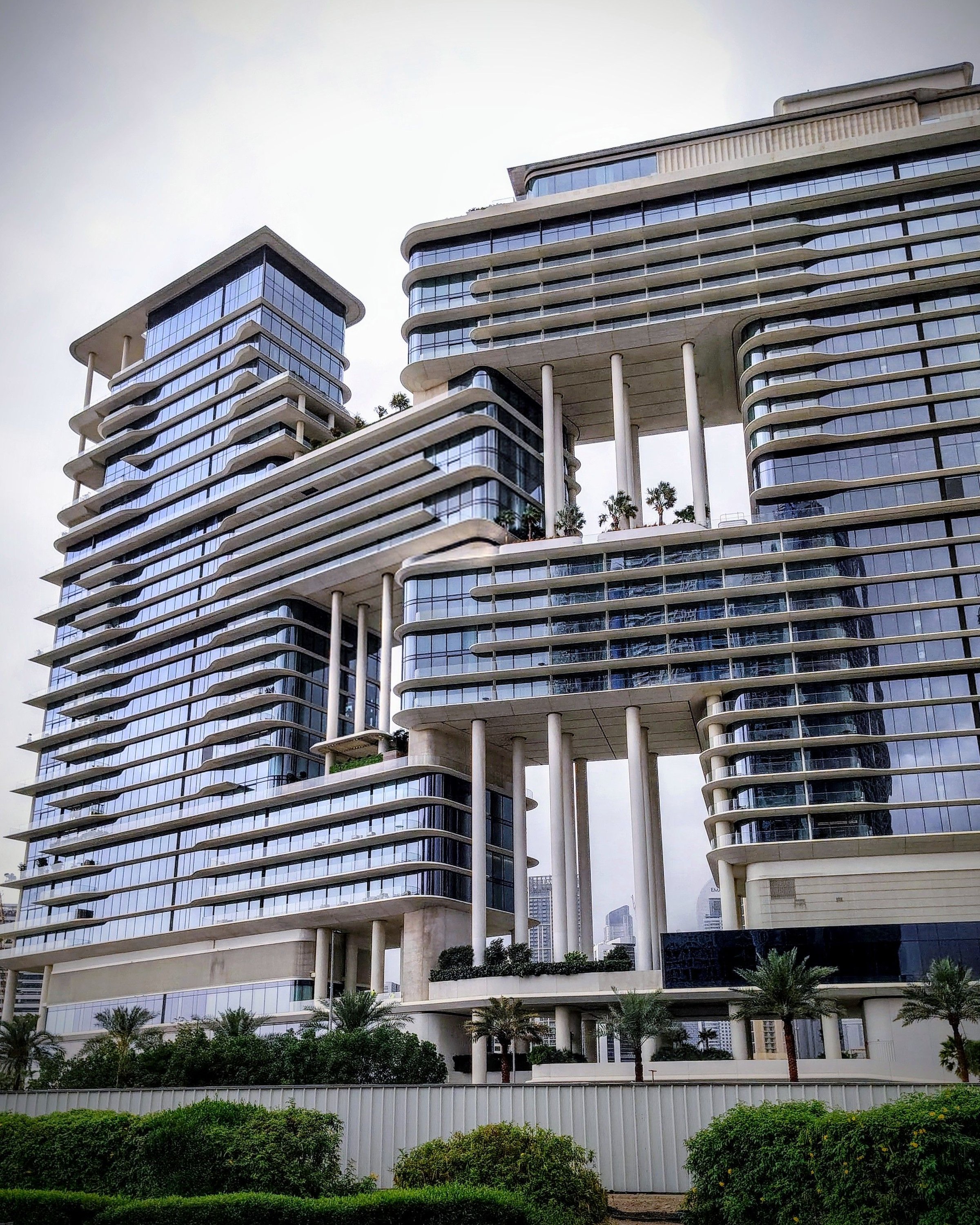 Cantilevered modern Dubai tower seen from below